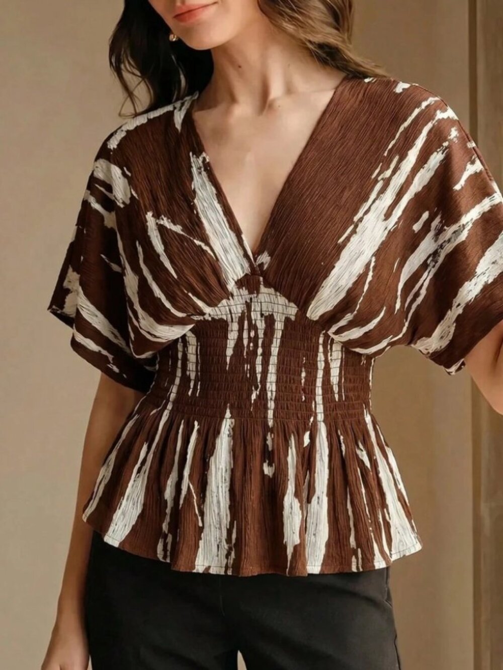 Brown Abstract Print Smocked Waist Peplum Top V Neck